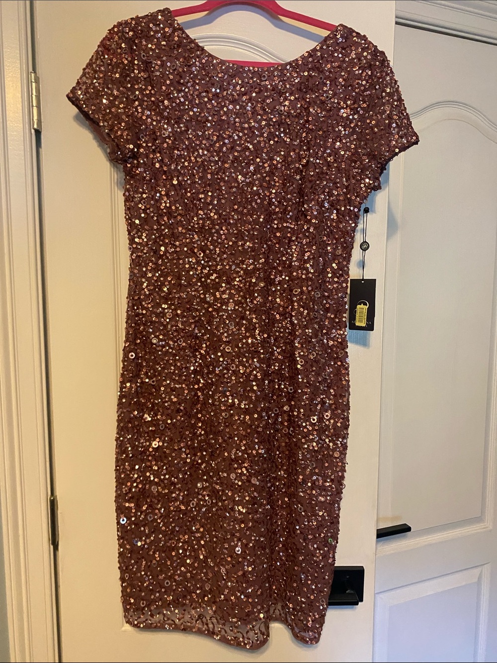 Adrianna Papell Rose Gold Sequin Mini Dress with Short Sleeves